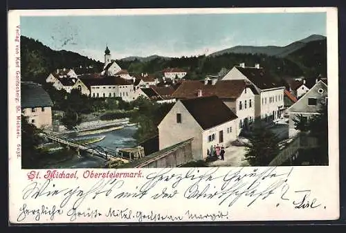 AK St. Michael /Obersteiermark, Teilansicht mit Kirche