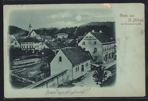 Mondschein-AK St. Michael in Obersteiermark, Teilansicht mit Gasthaus und Handlung Hans Stölzle