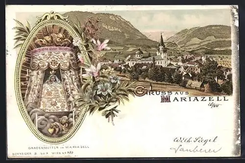 Lithographie Mariazell, Gnadenmutter, Ortsansicht mit Umgebung