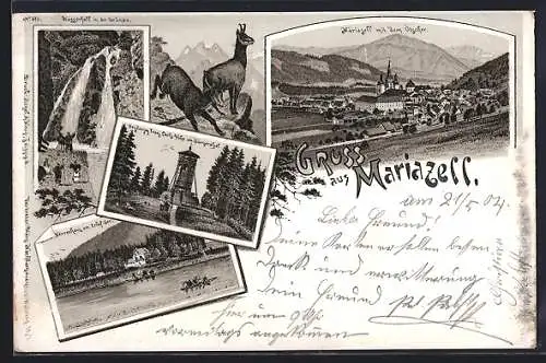 Lithographie Mariazell, Herrenhaus am Erlaf-See, Erzherzog Franz-Carls-Höhe am Bürgeralpel