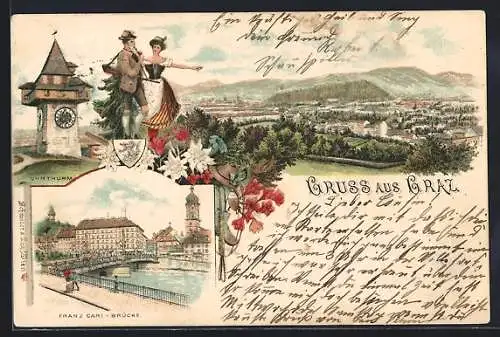 Lithographie Graz, Franz Carl-Brücke, Uhrthurm, Paar in Tracht, Panorama