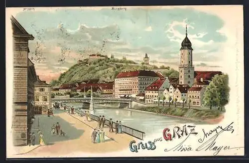 Lithographie Graz, Strassenpartie an der Brücke, Blick zum Burgberg
