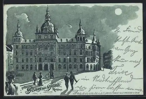 Mondschein-Lithographie Graz, Rathaus und Passanten