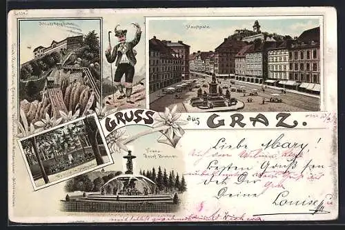 Lithographie Graz, Schlossbergbahn, Hauptplazt, Franz-Josef Brunnen
