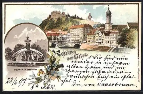 Lithographie Graz, Brunnen am Stadtpark, Teilansicht der Stadt mit Schlossberg