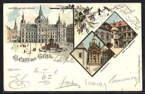 Lithographie Graz, Rathaus auf dem Hauptplatz, Mausoleum, Hof im Landhaus