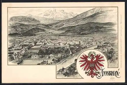 Lithographie Innsbruck, Panoramblick, Wappen