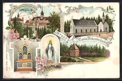 Lithographie Kaibing, Maria Fieberbründl, Gandenalter, Schloss Herberstein, Die alte Kapelle