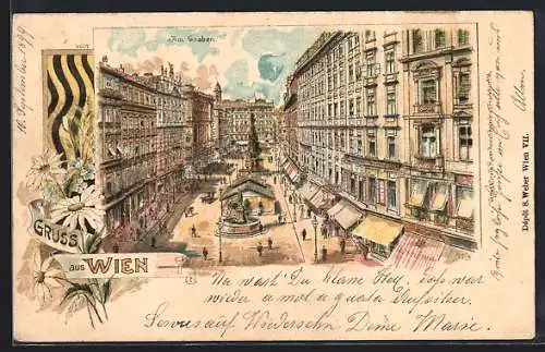 Lithographie Wien, Strassenpartie am Graben aus der Vogelschau