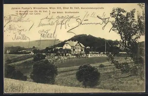 AK Wien, Ober St. Veit, Gasthaus Johann Pueker`s Winzerhaus, Gemeindebergstrasse