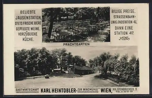 AK Wien XIII, Gastwirtschaft Zur Windmühle von Karl Heintobler, Steinbruchstr. 9, Prachtgarten, Terrassenansicht