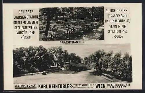 AK Wien XIII, Gastwirtschaft Zur Windmühle von Karl Heintobler, Steinbruchstr. 9, Prachtgarten, Terrassenansicht