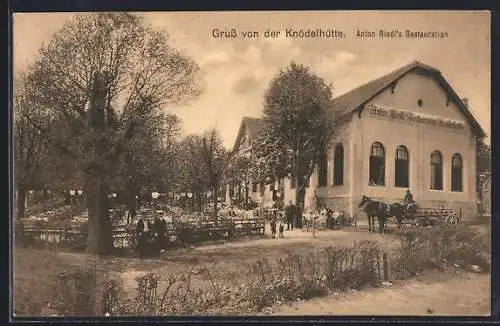 AK Wien, Restaurant Knödelhütte mit Aussenbereich und Pferdekutsche