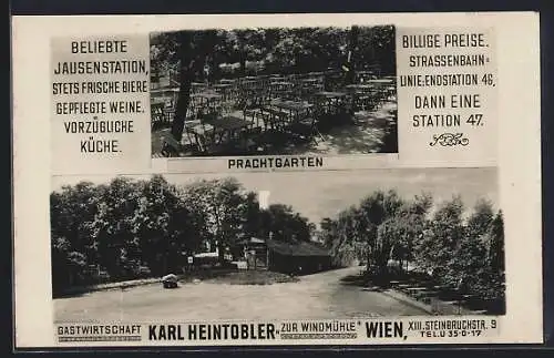 AK Wien XIII, Gastwirtschaft Zur Windmühle von Karl Heintobler, Steinbruchstr. 9, Prachtgarten, Terrassenansicht