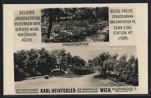 AK Wien XIII, Gastwirtschaft Zur Windmühle von Karl Heintobler, Steinbruchstr. 9, Prachtgarten, Terrassenansicht