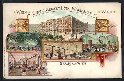 Lithographie Wien, Hotel Wimberger, Neubaugürtel 34, Garten & Terrasse