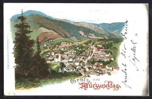 Lithographie Mürzzuschlag, Totalansicht von Anhöhe aus auf Kirche, Häuser und Landschaft