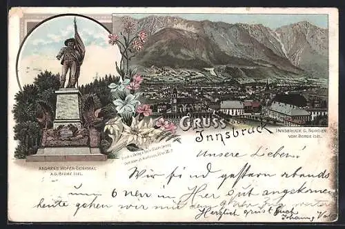 Lithographie Innsbruck, Teilansicht gegen Norden, Andreas Hofer-Denkmal auf dem Berge Isel