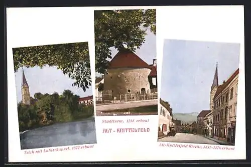 AK Knittelfeld, Stadtturm, Kirche und Teich mit Lutherkanzel