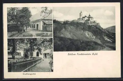 AK Forchtenstein /Bgld, Gasthaus Wegscheidler, Gasthausgarten, Schloss