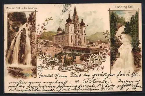 Lithographie Maria Zell, Wallfahrtskirche, Wasserfall in der Grünau und Lassing-Fall