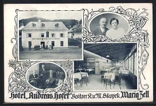 AK Mariazell, Hotel Andreas Hofer, verschiedene Ansichten und Inhaber-Portrait