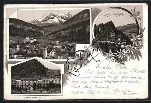 Lithographie Feldkirch, Stella matutina, Margarethenkopf, Teilansicht der Ortschaft