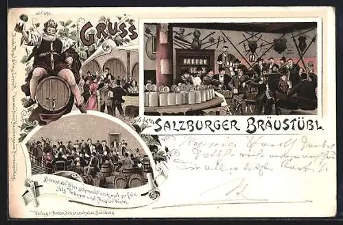 Lithographie Salzburg, Gasthaus Salzburger Bräustübl, Innenansicht, Hof