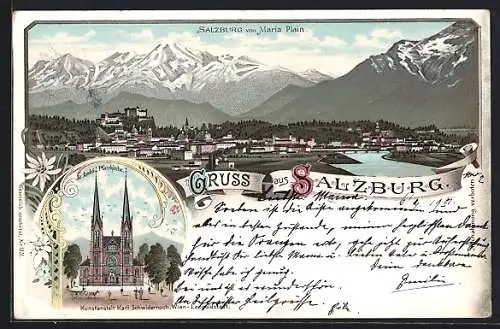 Lithographie Salzburg, Wallfahrtskirche Maria Plain, Totalansicht