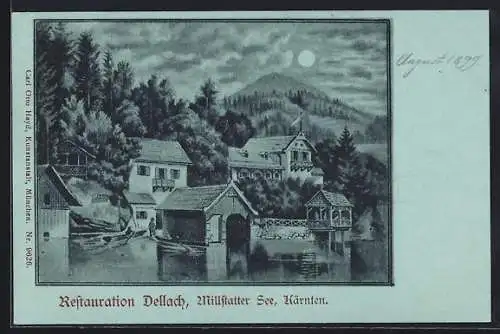 Mondschein-Lithographie Dellach /Millstätter See, Restaurant Dellach