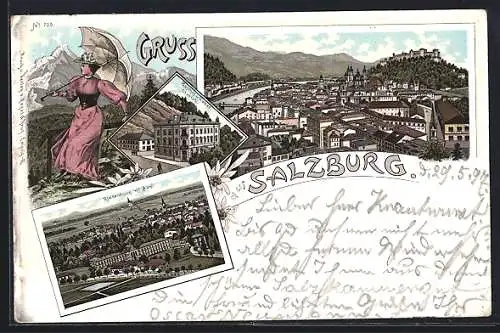 Lithographie Salzburg, Gesamtansicht, Riedenburg mit Asyl und Gasthof-Cafe Ofenloch