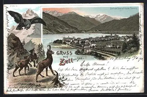 Lithographie Zell am See, Gemsen und Adler, Totale mit hohe Tauern