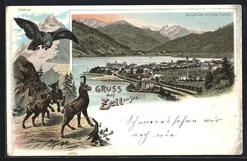 Lithographie Zell am See, Gemsen und Adler, Totale mit hohe Tauern