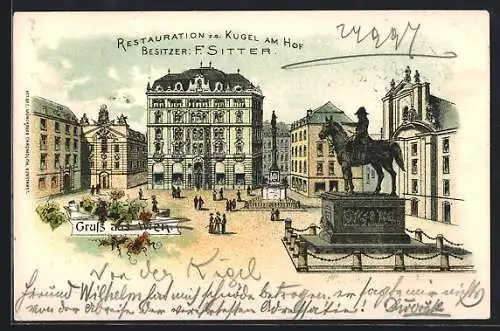 Lithographie Wien, Restaurant Zur goldenen Kugel am Hof mit Monument