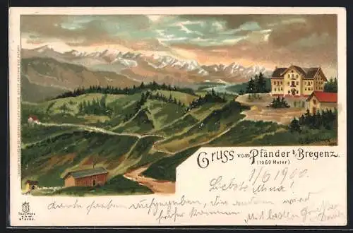 Lithographie Bregenz, Gebirgspanorama mit Hotel Pfänder