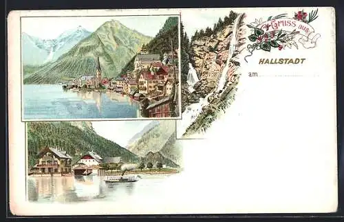 Lithographie Hallstatt, Blick vom Wasser auf den Ort, Wasserfall, Dampfer