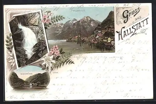 Lithographie Hallstatt, Gesamtansicht, Gosaumühle, Waldbachstrub