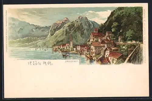 Lithographie Hallstatt, Ortspartie am Seeufer