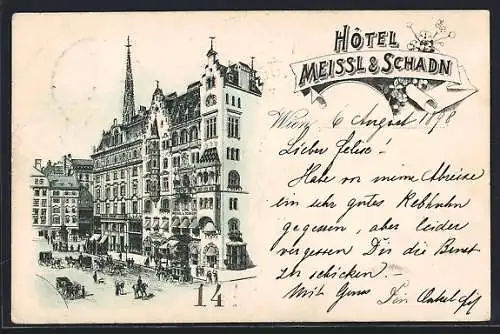 Lithographie Wien, Hotel Meissl & Schadn an belebter Strasse