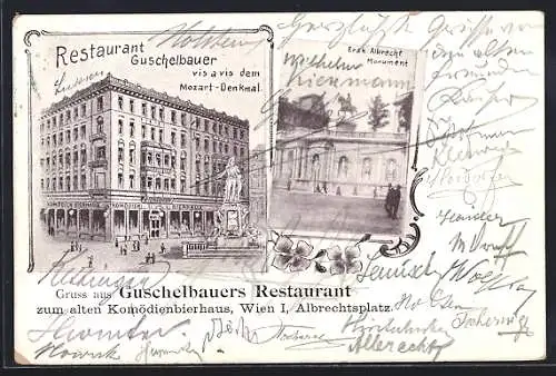 Lithographie Wien, Guschelbauer`s Restaurant am Albrechtsplatz hinter dem Mozartdenkmal, Erzh. Albrecht-Monument