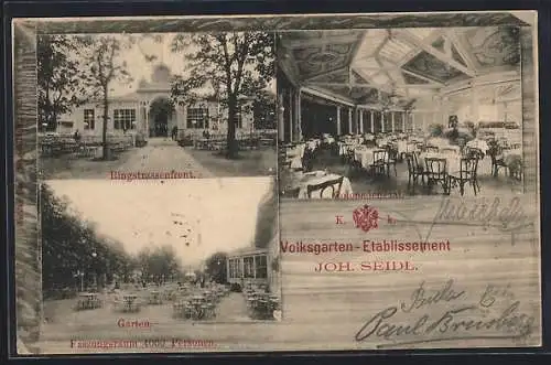 AK Wien, Gasthaus Volksgarten-Etablissement v. Joh. Seidl, Ringstrassenfront, Kolonnadensaal, Gartenwirtschaft