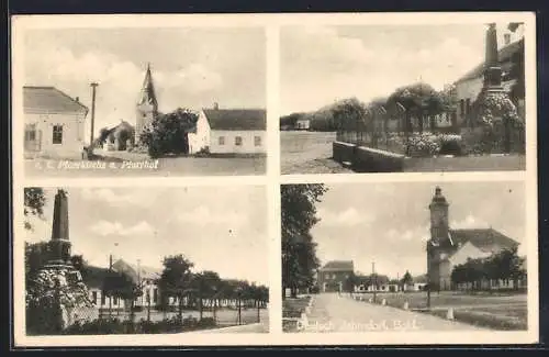 AK Deutsch Jahrndorf /Bgld., K. k. Pfarrkirche und Pfarrhof, Kriegerdenkmal