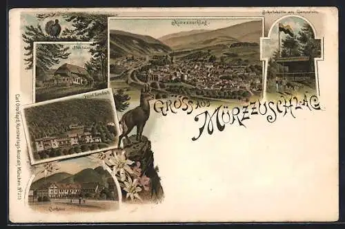 Lithographie Mürzzuschlag, Curhaus, Hotel Lambach, Steinbauer, Schutzhütte am Gamsstein