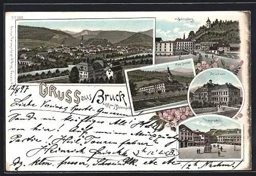 Lithographie Bruck an der Mur, Schlossburg, Schulhaus und Ortsansicht