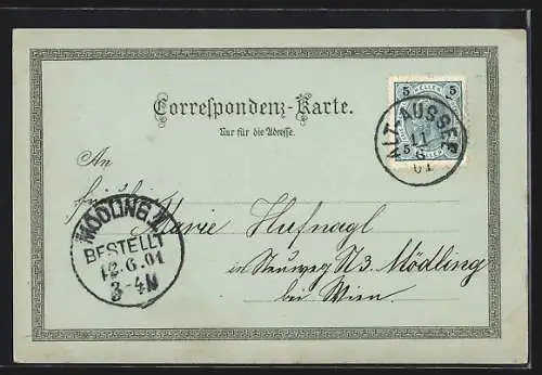 Mondschein-Lithographie Aussee, Ortsansicht von der Ischler-Strasse