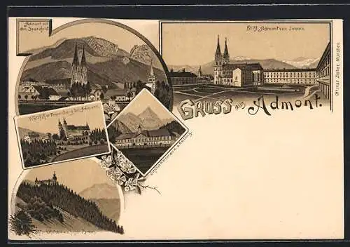 Lithographie Admont, Wallfahrt Frauenberg, Schloss Röthelstein und Schloss Kaiserau