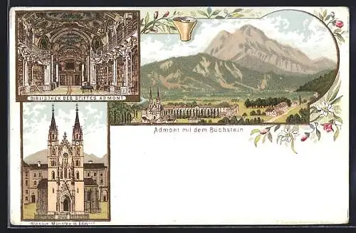 Lithographie Admont, Ansicht mit dem Buchstein, Stiftsbibliothek und Blasius Münster