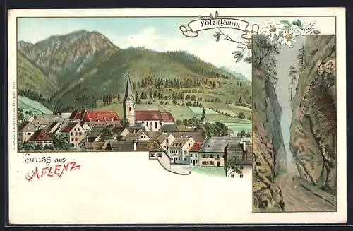 Lithographie Aflenz, Ortsansicht und die Fölzklamm