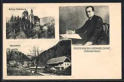 AK St. Lorenzen am Wechsel, Schloss Festenburg, Portrait Ottokar Kernstock, Panorama Demmeldorf