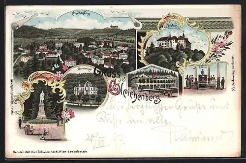 Lithographie Gleichenberg, Vereins-Restaurant, Schloss, Constantins-Quelle, Gundenhof, Wickenburg-Denkmal